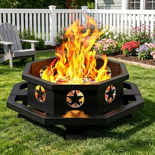 43 inch Large Fire Pit, Outdoor Fire Pit with Heavy Duty Construction, Wood Burning Fire Pits for Outside Octagonal