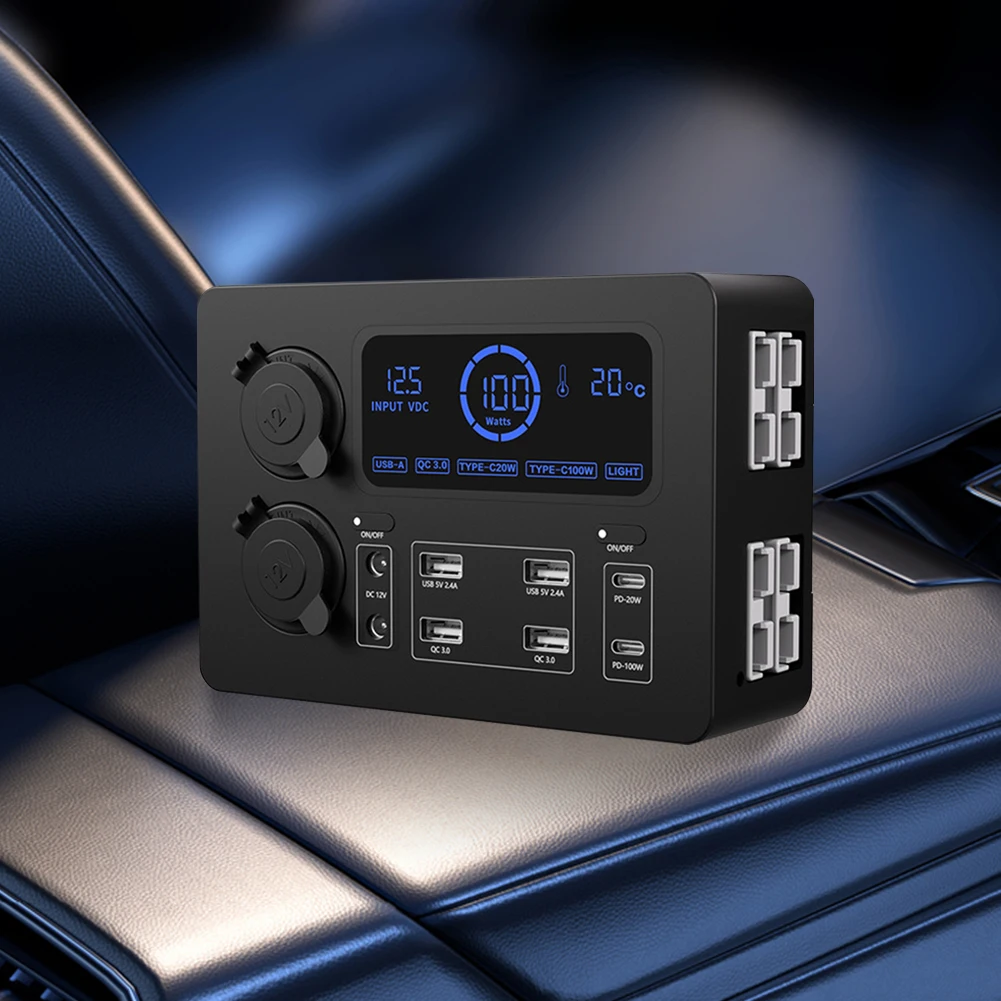 

12V 100W LCD Display Power Box with LED Lights Portable Control Hub USB-C & QC3.0 Ports Power Socket Box for Outdoors RV Camping