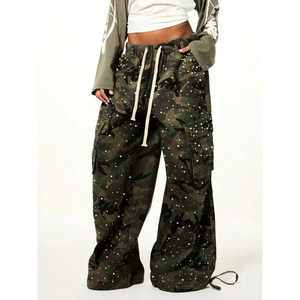 

WOMEN Low Rise Camouflage Cargo Pants With Pearl Rhinestone Embellishments Wide Leg Parachute Trousers Drawstring Waistband Mili