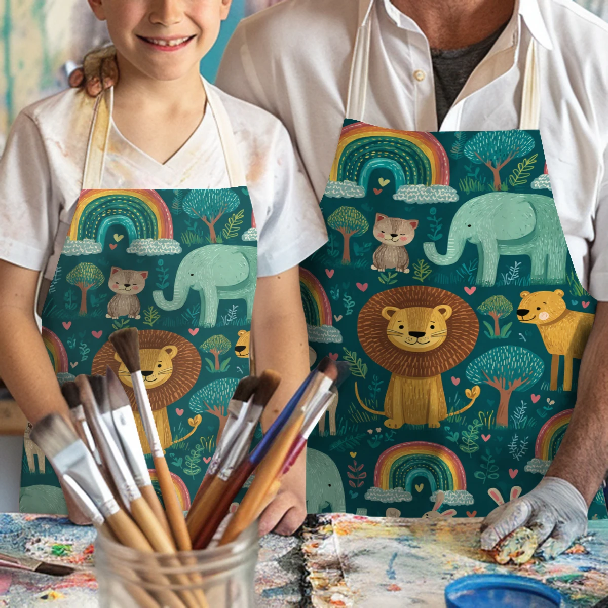 Cute Cartoon Animal Pattern Polyester Apron - Lovely Kitchen & Art Craft Apron Stylish Linen for Home Cooking & Handwork Aprons