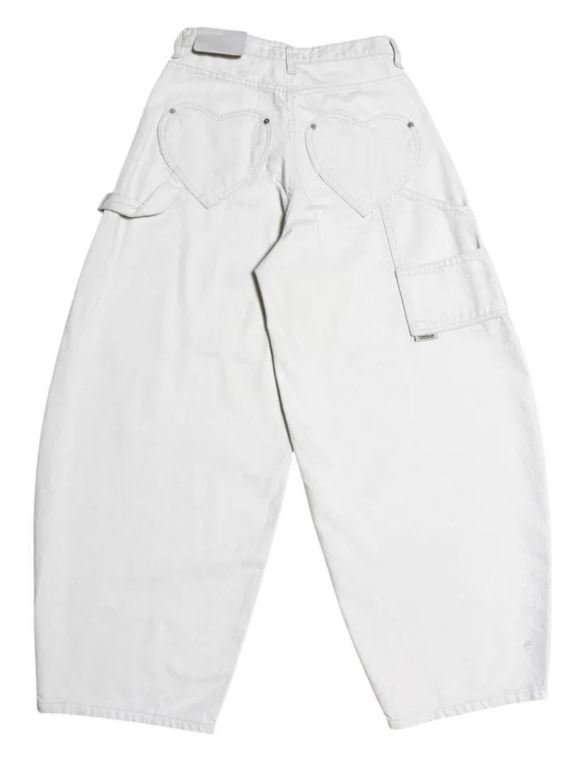 Retro rua sle outono inverno solto perna larga jeans casuais feminino amarrar emagrecimento ket coração design versátil denim