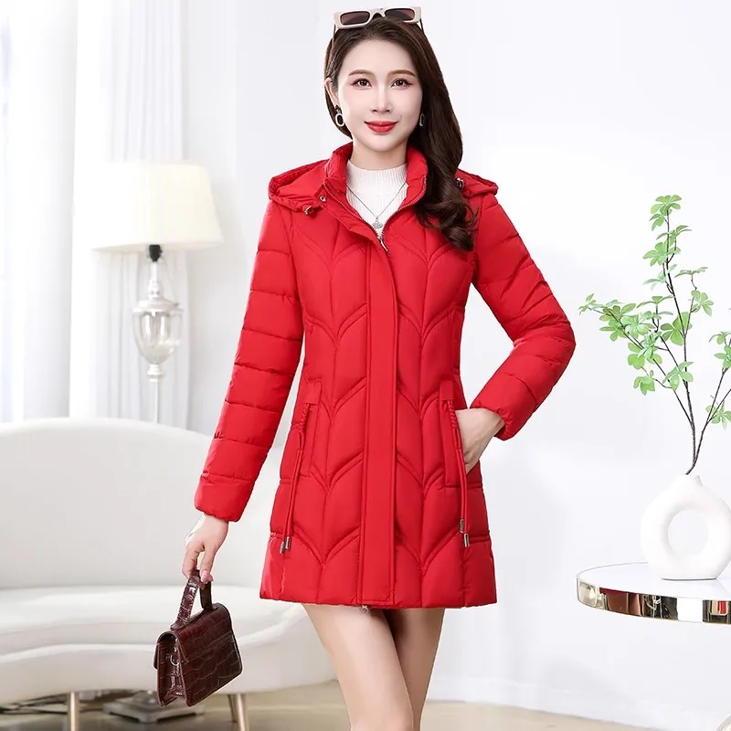 Winter Slimming Slim Fit Mid To Long Length Cotton Jacket for Women Waist Cinching Warm Detachable Hat Outwear Female Overcoat