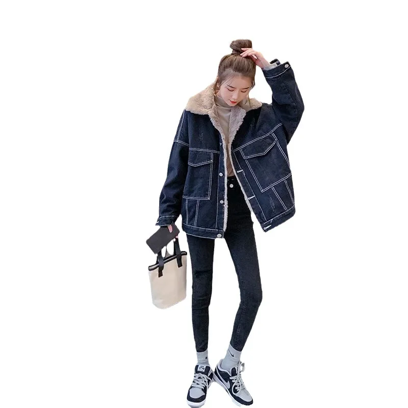 Herfst En Winter Puur Katoen Retro Stijl Dagelijks Veelzijdig Dames Denim Jack Met Pluche Losse En Zachte Lamswol Denim Jack