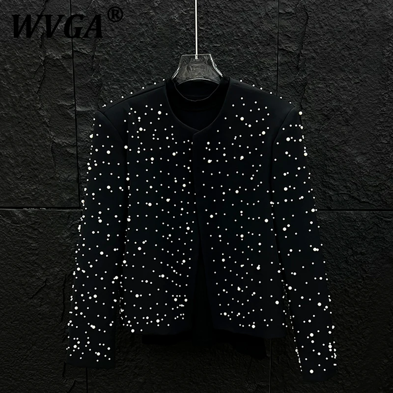 

WVGA Men Dark High-End Heavy Beaded Cardigan Jacket Korean Blazer High Street Fashion Short Fashion Stage Performance Coat W7429