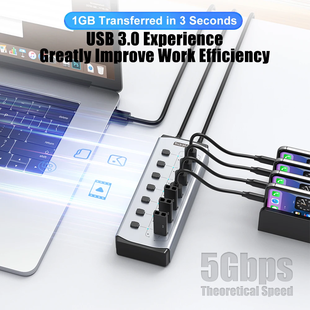 USB3.0 Hub7 Ports 4U+3C with Independent Power Switch High Power Adapter Metal Case Laptop Peripheral Expansion Sipolar
