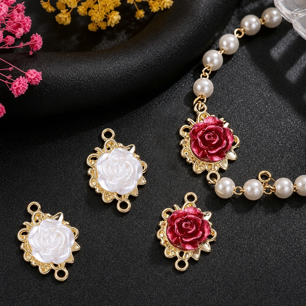 5/10 Stück goldfarbene rote Rosen-Blumen-Anhänger, Verbinder für Schmuckherstellung, Halskette, Armband, DIY-Zubehör, Bastelbedarf – Detail 1