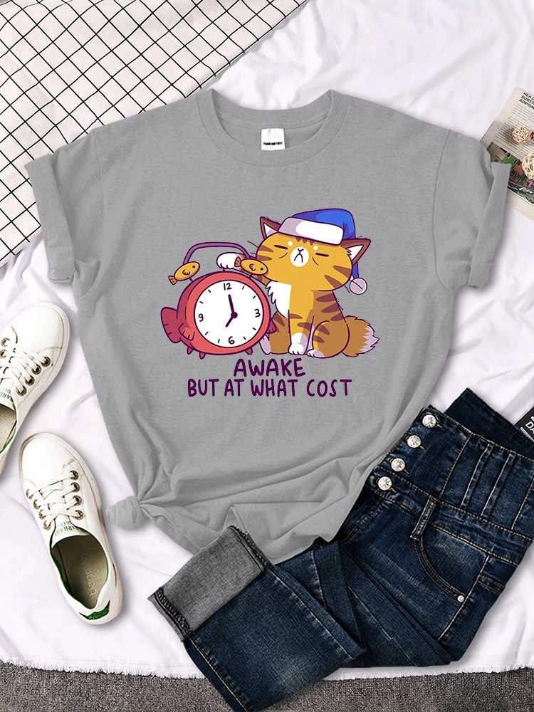 Women T-Shirt Cat Reluctantly Pressed The Alarm Clock Printing Top Females Casual Oversize Clothes Funny Animal Ladies T Shirts