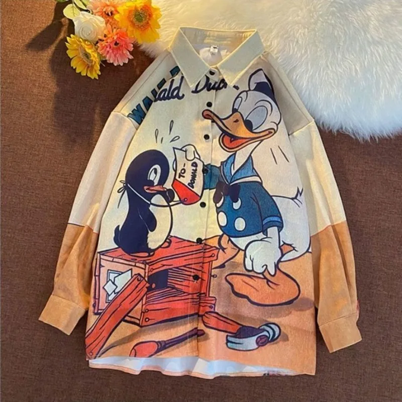 سترة قميص دونالد داك اللطيفة كاواي عصرية ومتعددة الاستخدامات للربيع والخريف قابلة للتنفس برسوم كارتونية كلاسيكية بأكمام طويلة