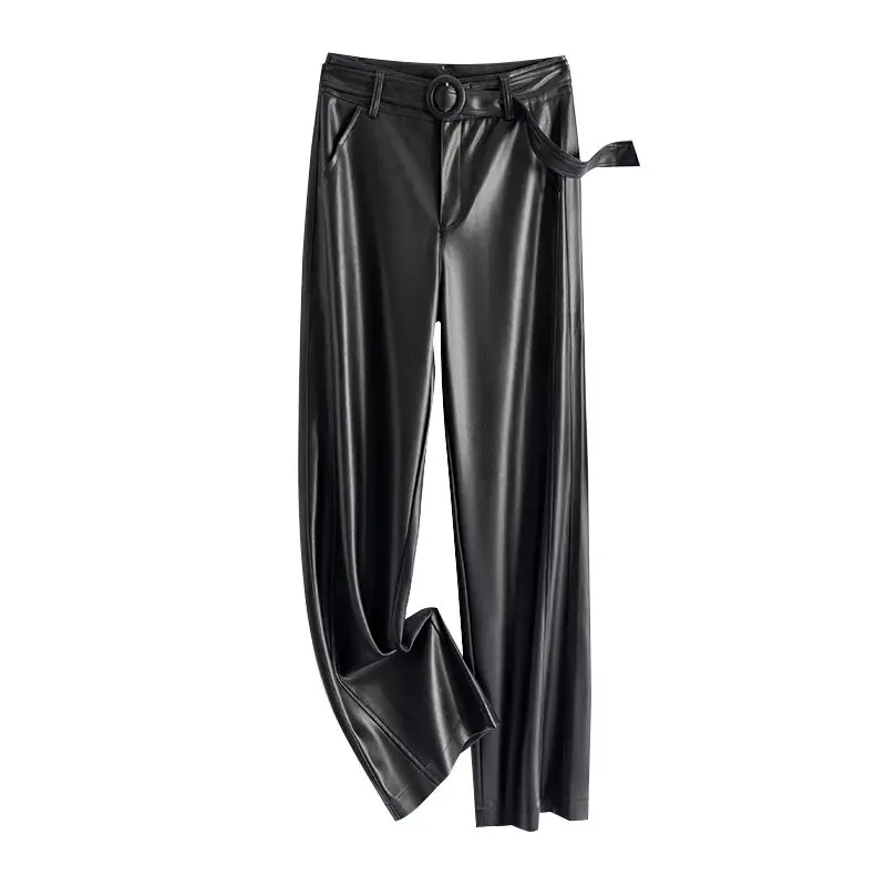 Black Genuine Leather Pants Women Sheepskin Straight Pants Spring Autumn High Waist Belt Loose Real Leather Casual Trousers