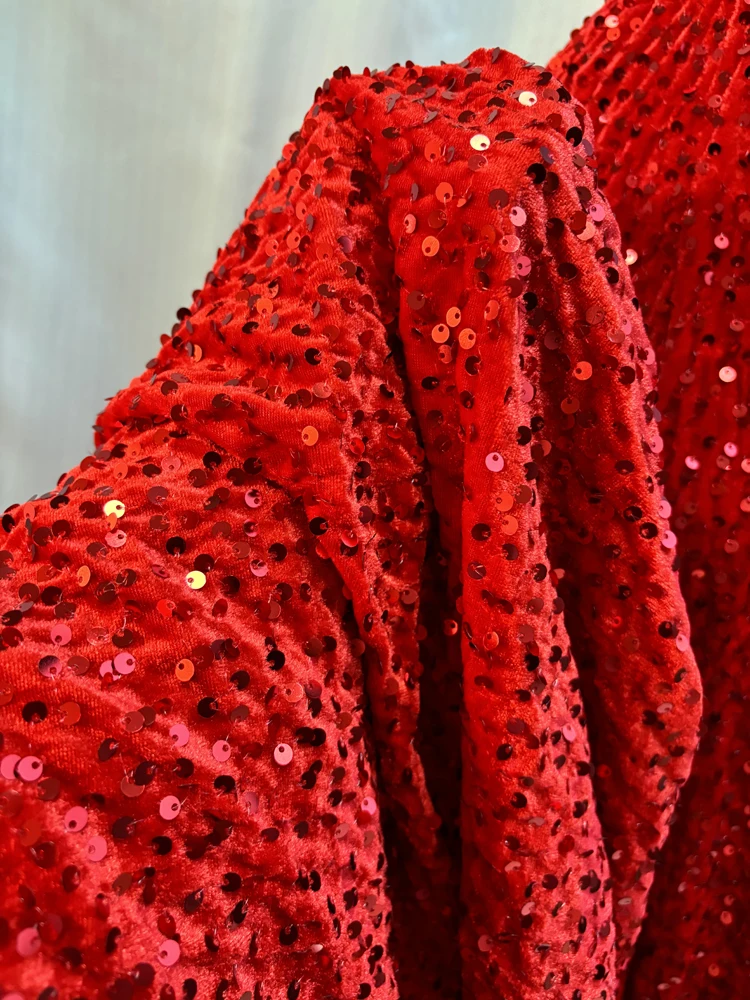 Red Sequin Stretch Velvet Fabric for Velour Apparel, Dressmaking, Costumes, Event Decor, and DIY Dance Wear Projects