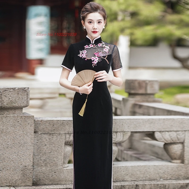 2025年 中国風 ヴィンテージドレス ベルベット袍 伝統的な花柄刺繍 チャイナドレス 改良型袍 レトロ 宴会 イブニングドレス 袍