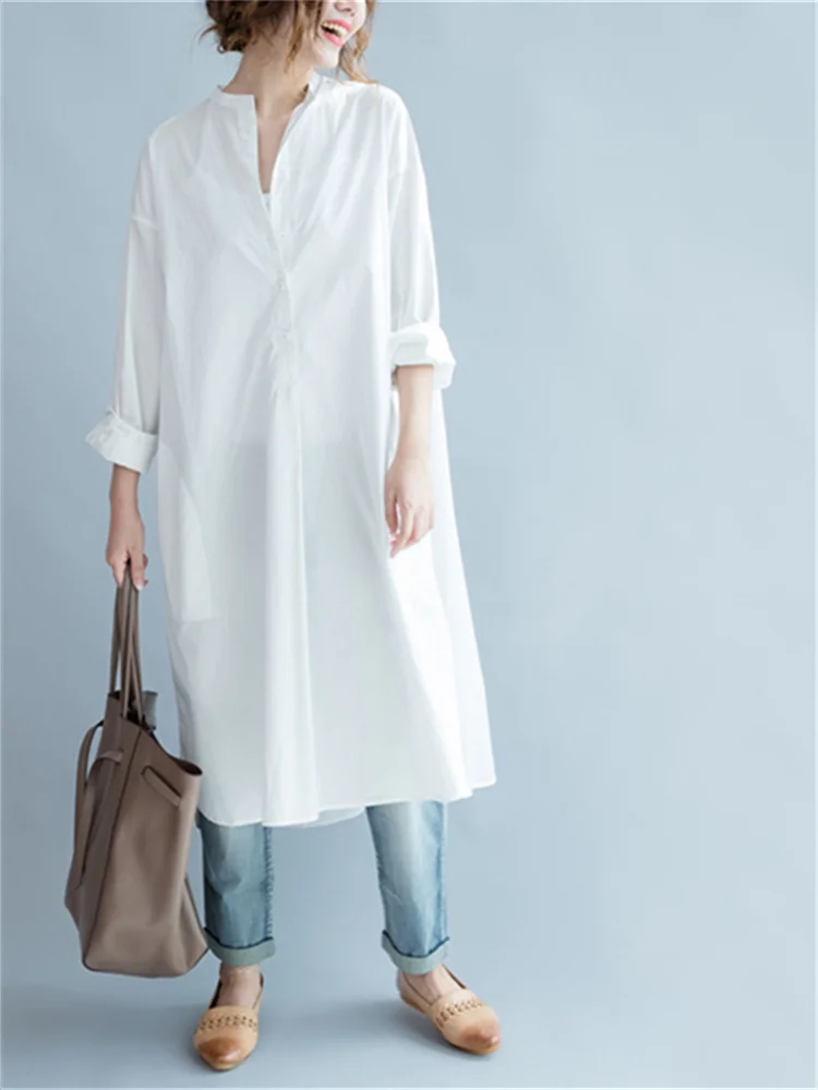 Oversized Korea Fashion Autumn Summer Women Shirt Dress New Ladies Casual Loose Office Shirt Dresses White Cotton Cardigan Dress