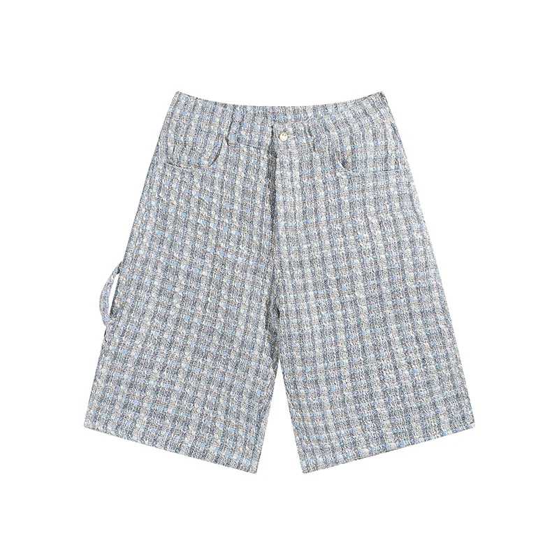Drew House Embroidery Plaid Tweed Cargo Shorts Men Vintage Loose Wide Leg Check Casual Streetwear Knee Length Shorts