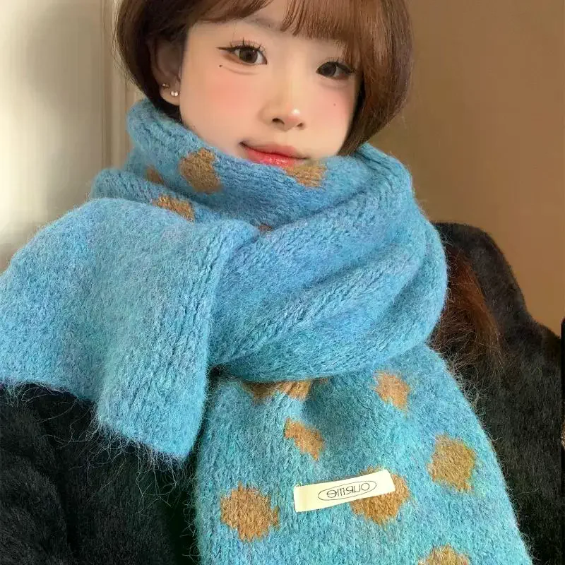 

Корейский стиль, плюшевый вязаный шарф в горошек, мягкий толстый шарф с цветными блоками, термоветрозащитные теплые шарфы для шеи