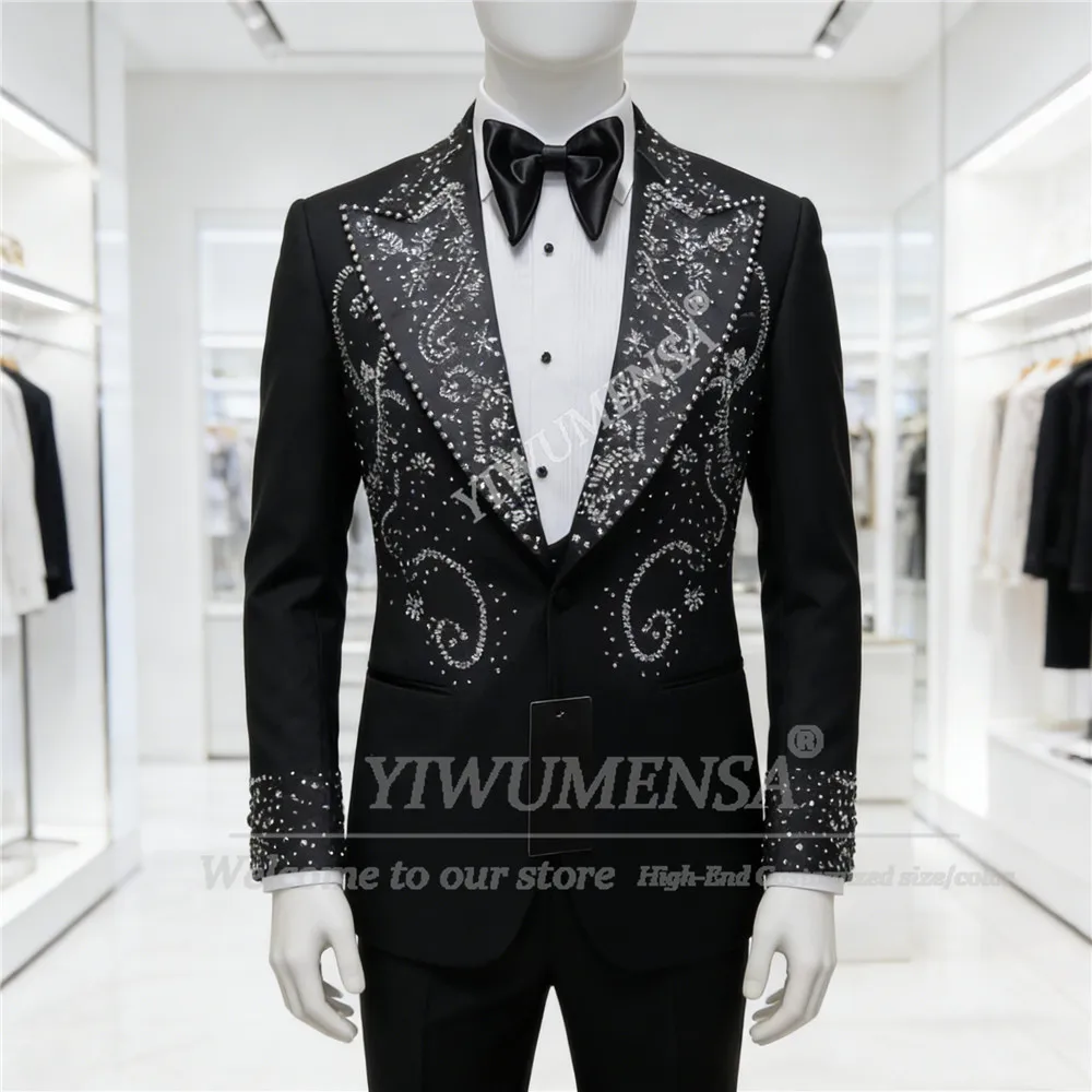 

Luxury Beading Crystals Suits Men 2 Piece Set Single Breasted Jacket Pants Customized Man Banquet Tuxedos Male Fashion Blazers