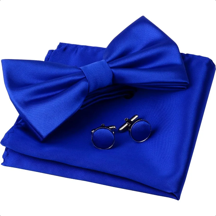 

GUSLESON Mens Solid Color Double Fold Pretied Bow Tie and Pocket Square Cufflink Set with Gift Box
