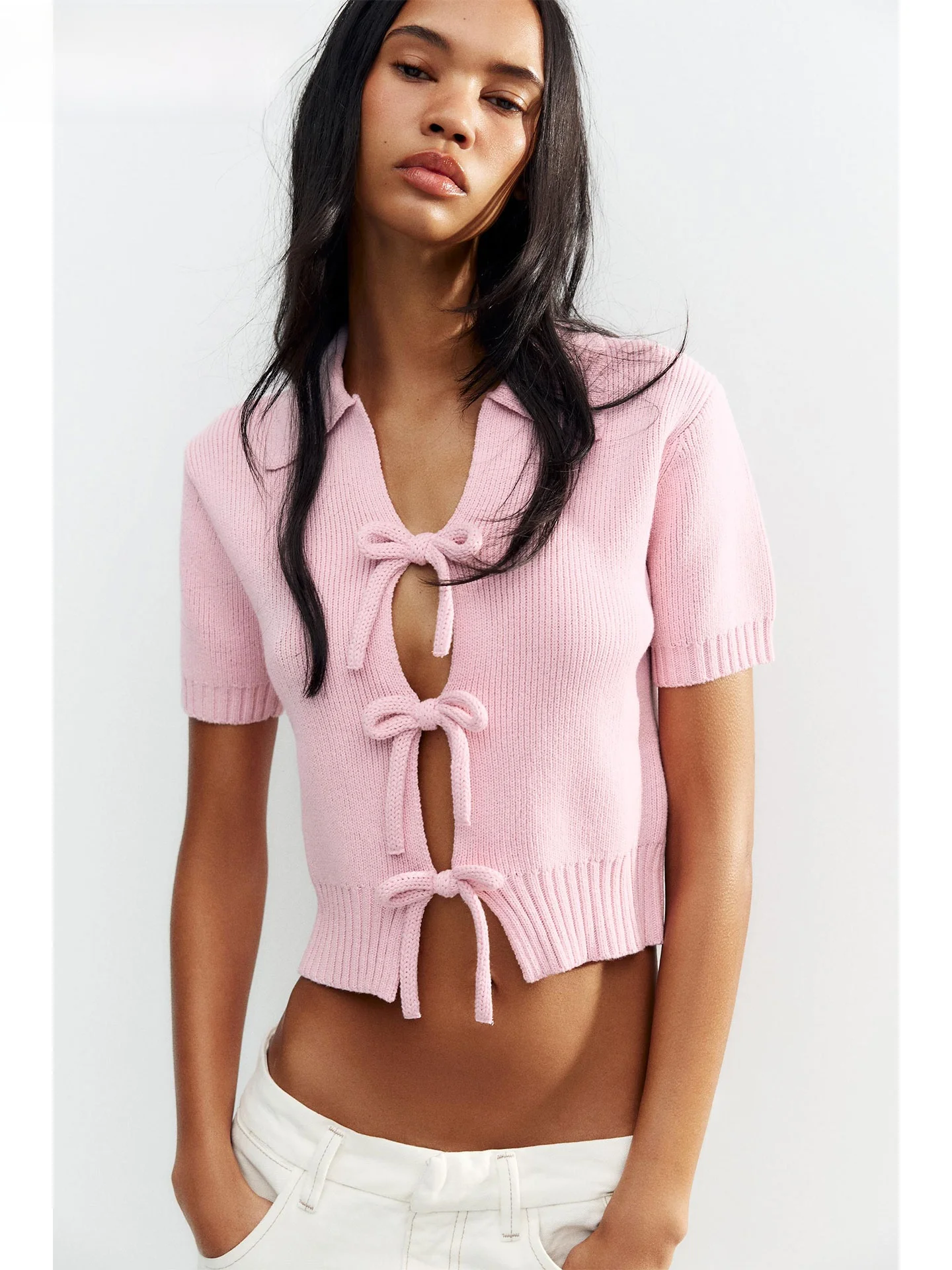 

ZAPRHA 2025 Summer New Sweet Sle Knot Decorated ort Sve Turn-down Collar Knitted Top Women's Faion