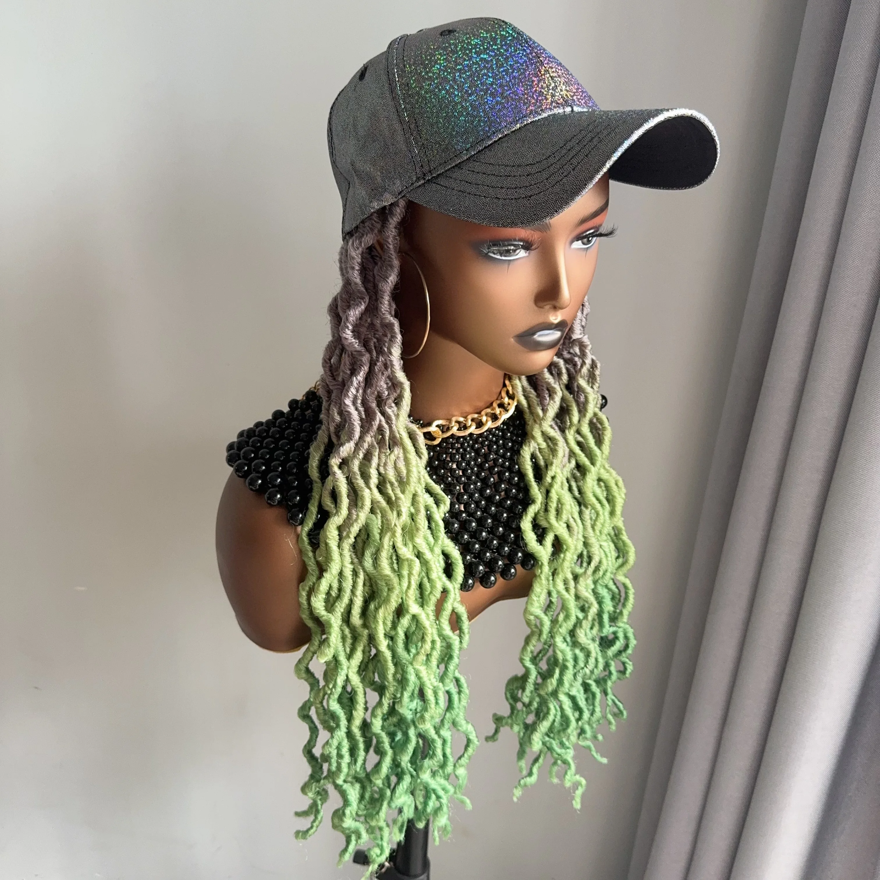 Lange Grijze Licht Donkergroene Zachte Zigeunervlechten Godin Faux Locs Met Pet Golvende Twist Vlechten Extensions Met Hoed Voor Zwarte Vrouwen