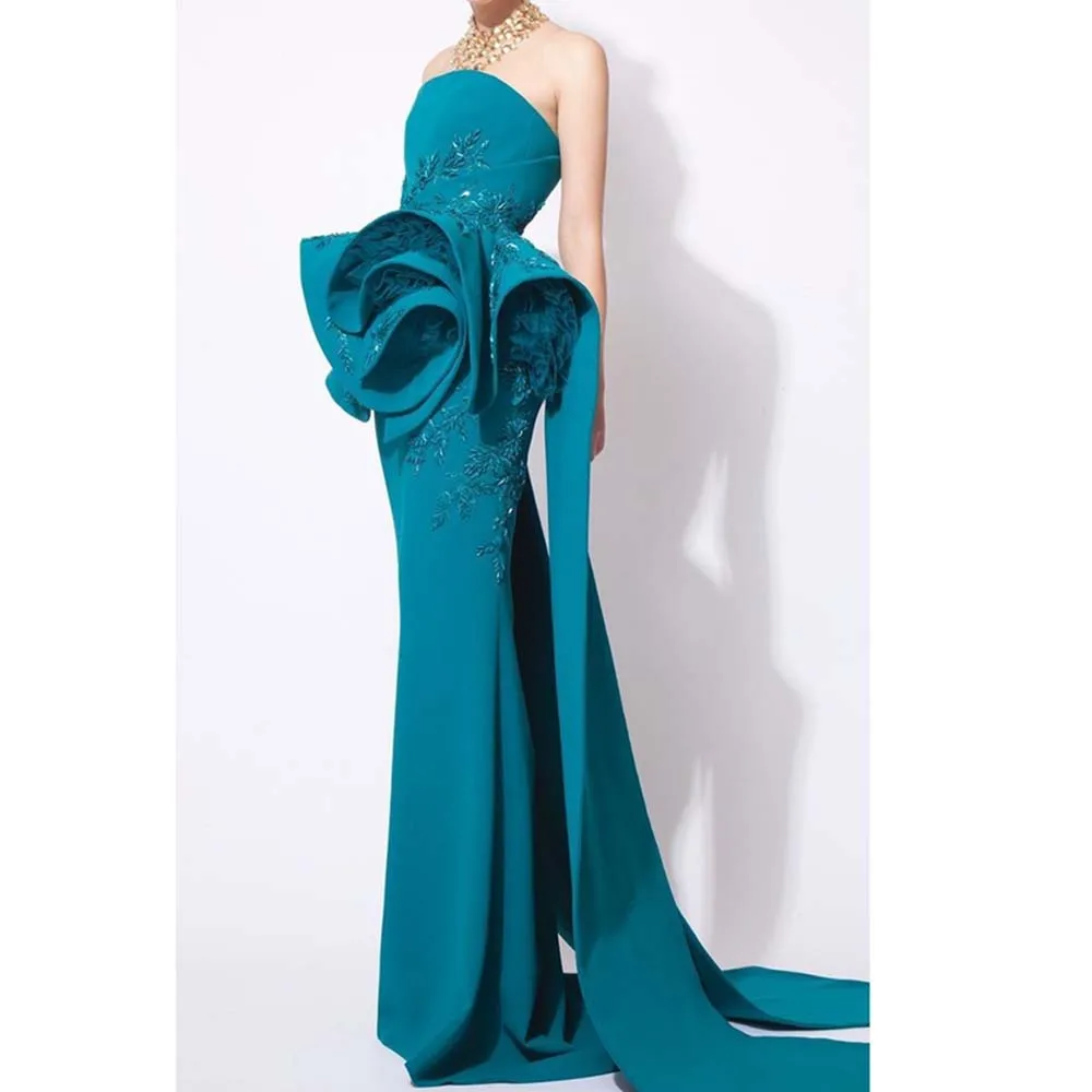 High-end Blue Evening Party Dresses Strapless Sleeveless Trumpet Appliques Luxury Elegant Women Banquet Evening Party Gowns