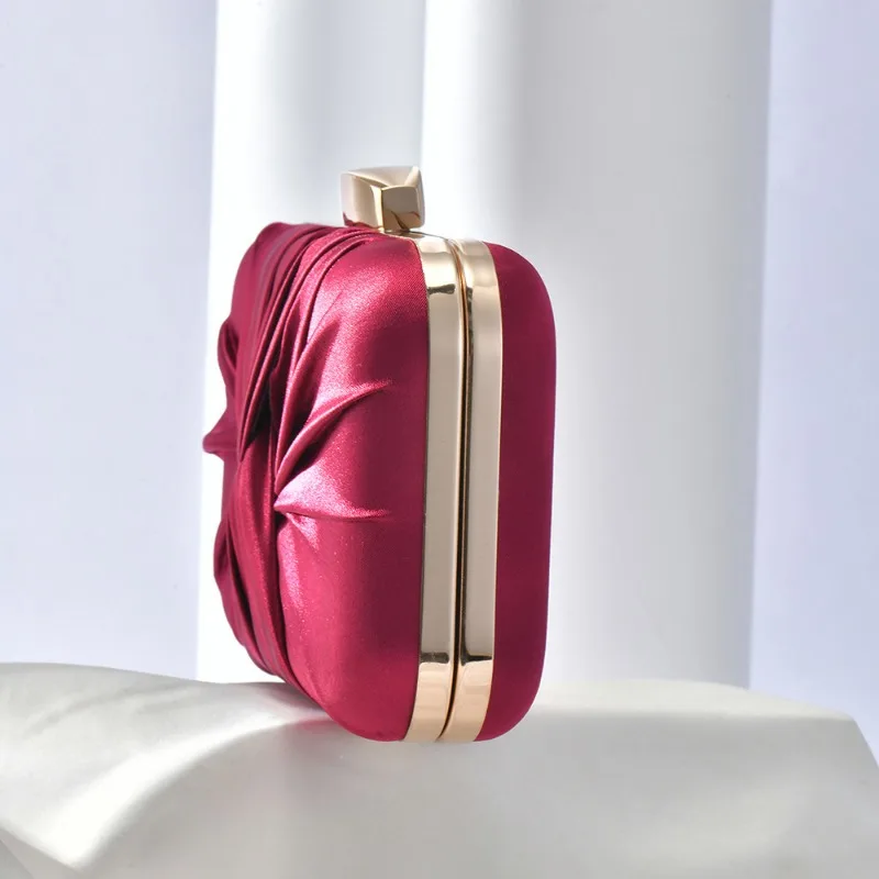 Elegant Evening Bag Female Retro Silk-like Satin Pleated Handbag Formal Party Dress Matching Purse Ladies Burgundy Banquet Bag