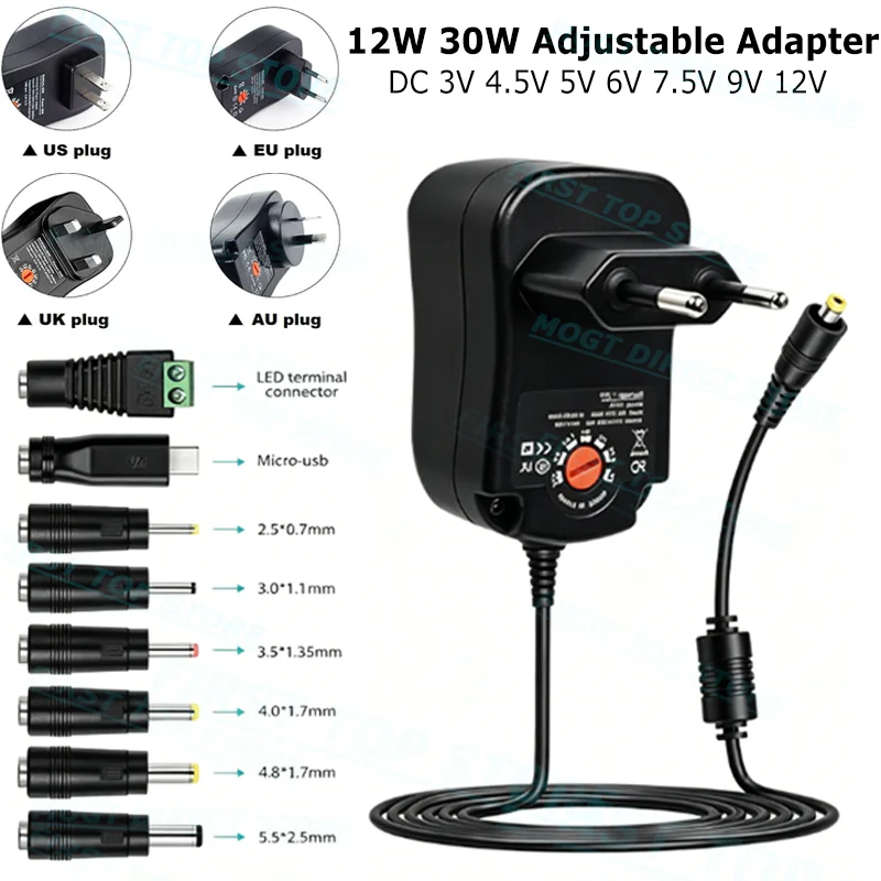 3V 4.5V 5V 6V 7.5V 9V 12V 12W 30W DC Adapter US EU UK AU Adjustable Power Adapter USB 2.1A Universal Charger Switch Power Supply