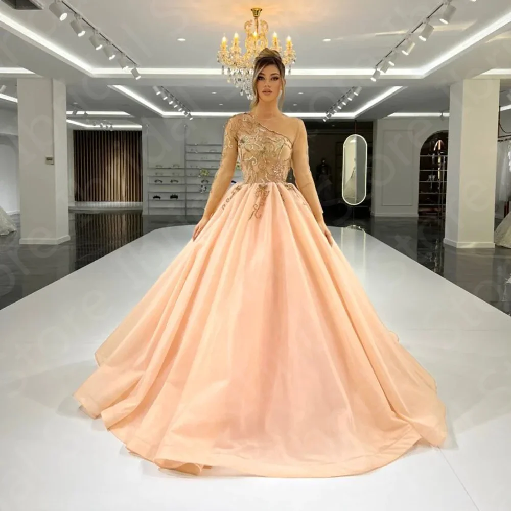 

Classic Peach Ball Gown Prom Dresses Long Sleeves Quinceanera Dresses 2024 Beading Wedding Party Gowns Illusion Neckline On Sale