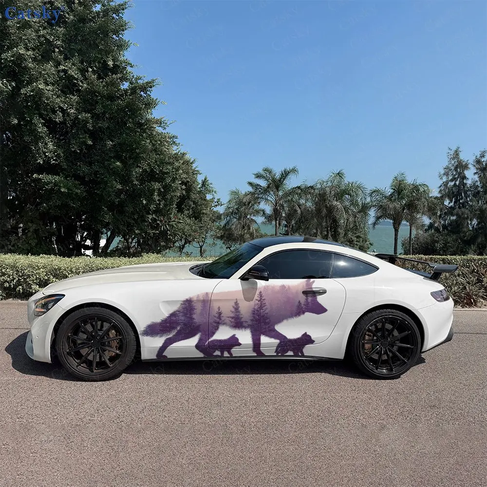 2pcs Wolves In The Forest Car Sticker Full Body Floral Decoration Cover Scratches Protect Car Sticker Waterproof Car Vinyl Wraps