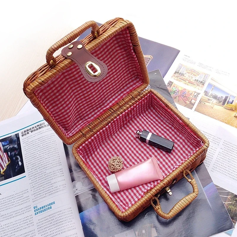 

Винтажный плетеный чехол ручной работы из ротанга для макияжа, путешествий, пикника, багажная корзина, держатель, портативный чемодан, органайзер для мелочей, коробка