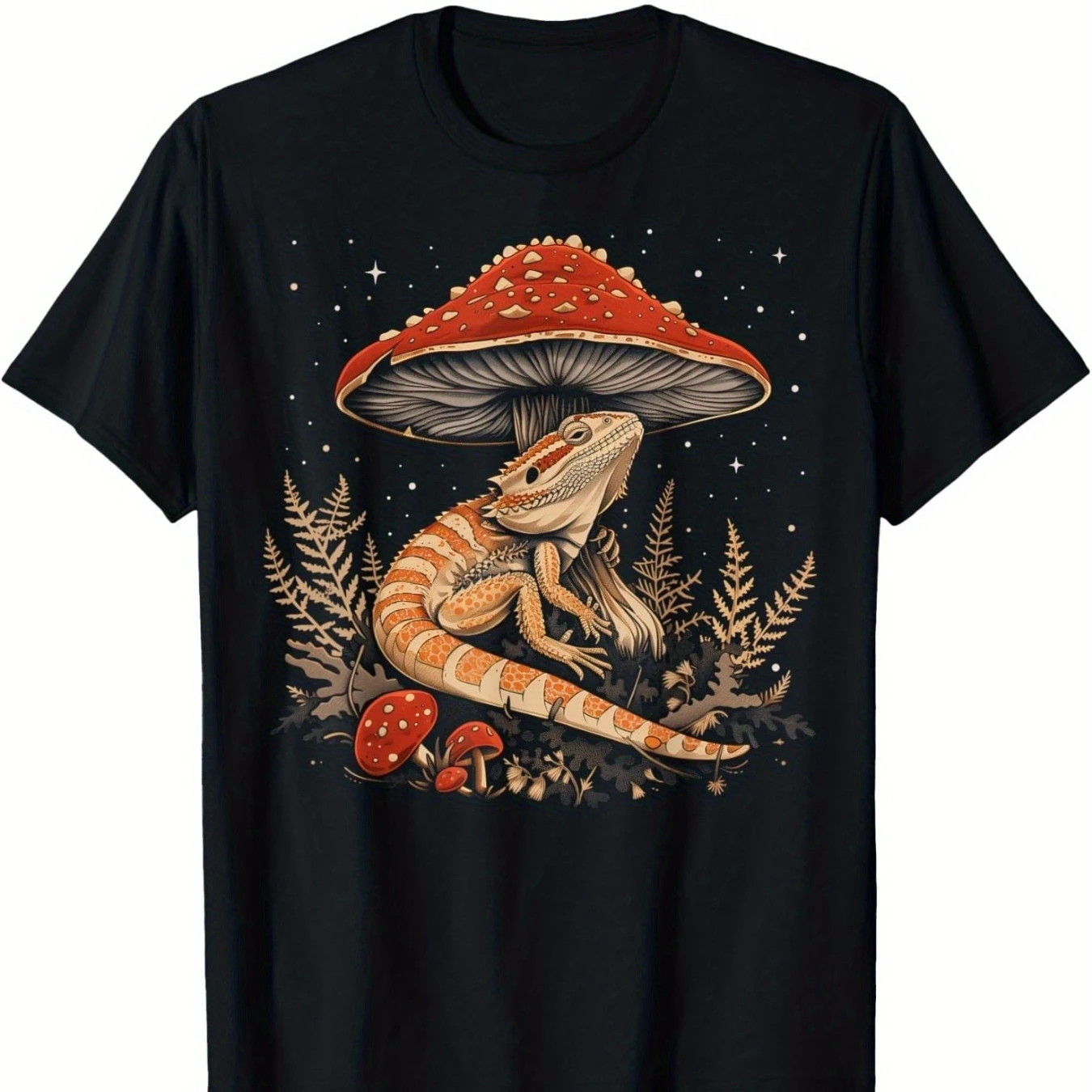 

Cute Bearded Dragon Lizard Cottagecore Aesthetic Mushroom T-Shirt 100% Cotton O-Neck Short Sleeve Summer Casual Mens T-shirt