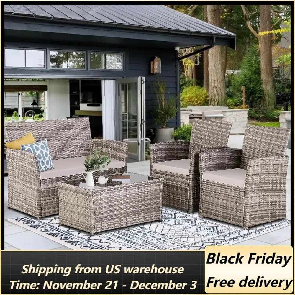 4 Piece Patio Furniture Set, Outdoor Wicker Conversation Sets,Rattan Sectional Sofa w/Coffee Table, for Backyard Garden Poolside