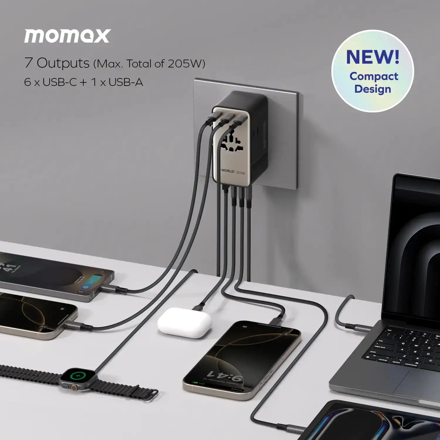 MOMAX 1-World2 205W 7-Port Dual AC محول السفر GaN شاحن قابس السفر الدولي للمسافرين العالميين أجهزة الكمبيوتر المحمولة اللوحية