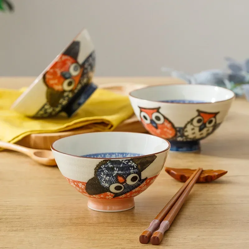 Japanese Underglaze Color Owl Ceramic Bowl Parent-child Rice   Bowl Meaning Auspicious Tableware Kitchen Accessories Salad Bowls