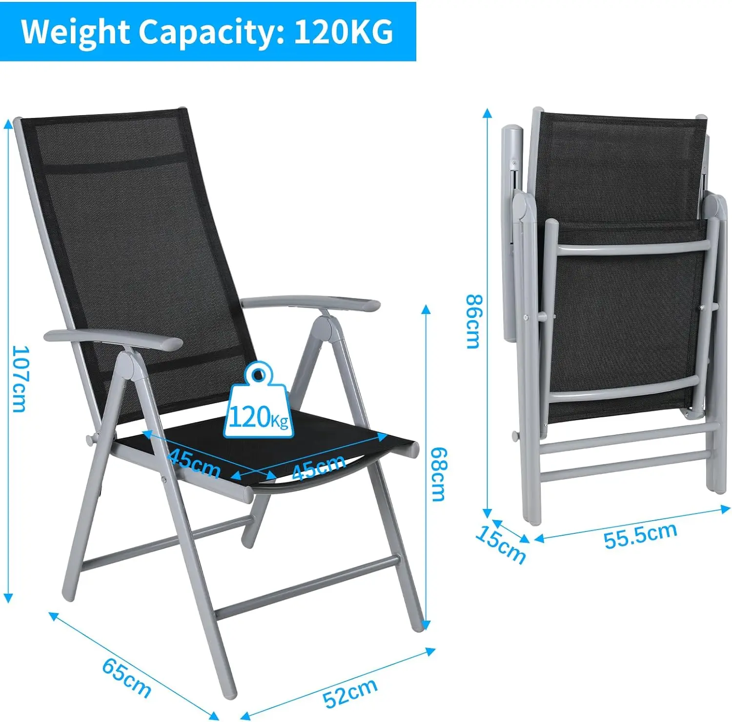 2PCS Foldable Lounge Chair Patio Folding Dining Chairs Aluminum Padded Adjustable High Back Lightweight Lawn Chair, Load 120kg