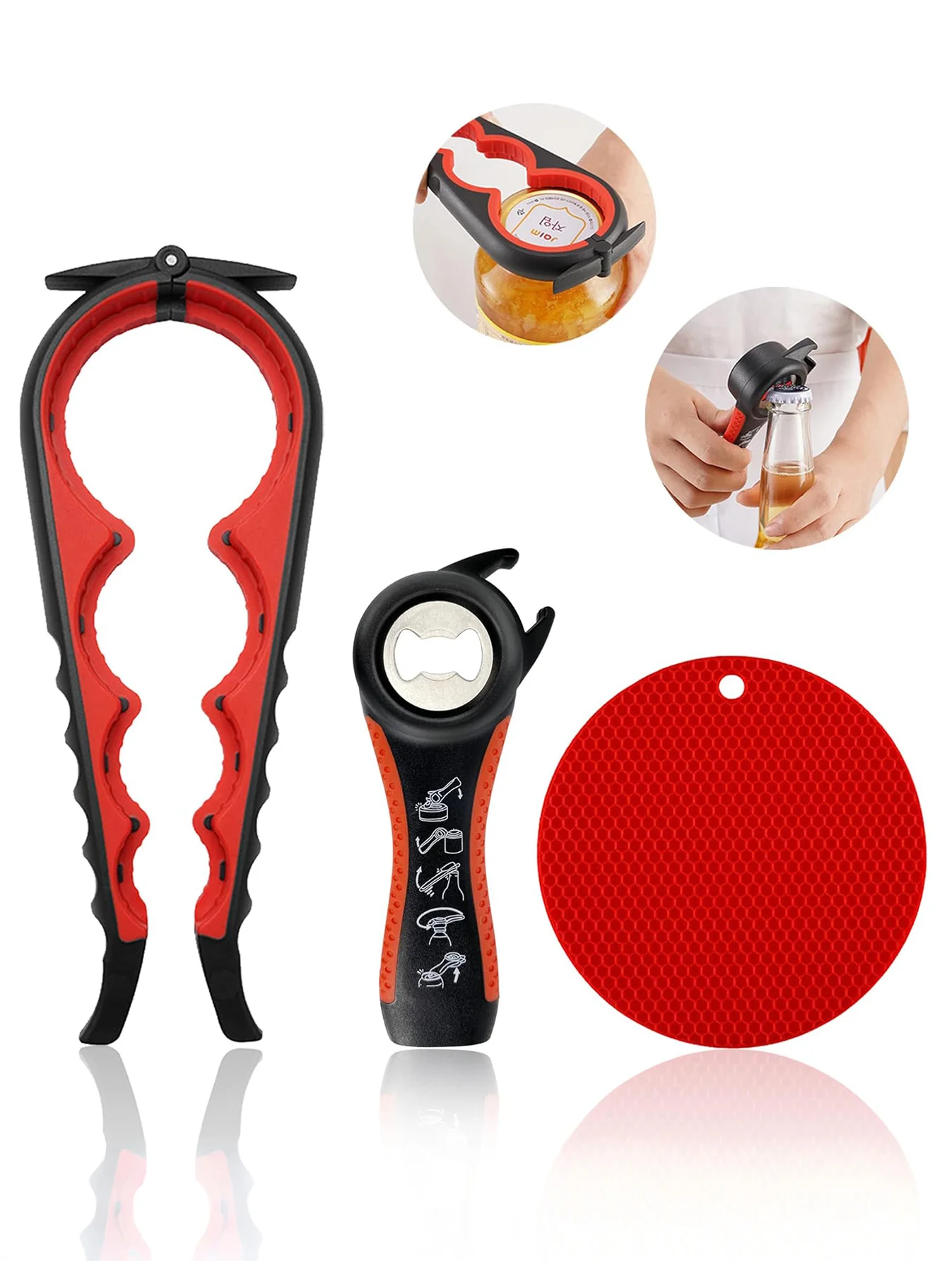 5 in 1 Bottle Opener Lid Opener For Arthritic Hands with Non Slip Rubber Jar opener Gripper Pad, Jar Opener for Weak Hands