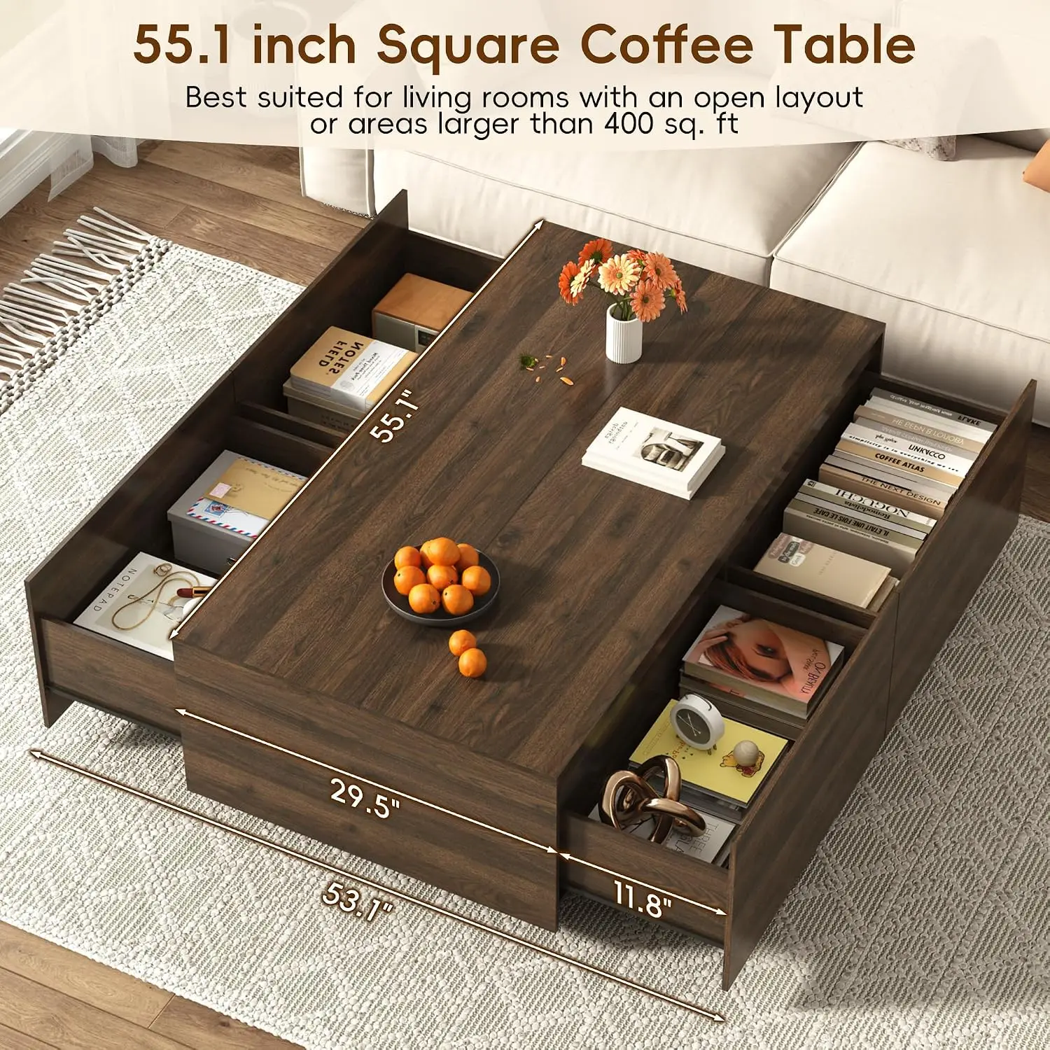 55 Inch Rectangle Coffee Table With 4 Storage Drawers Walnut, Customized