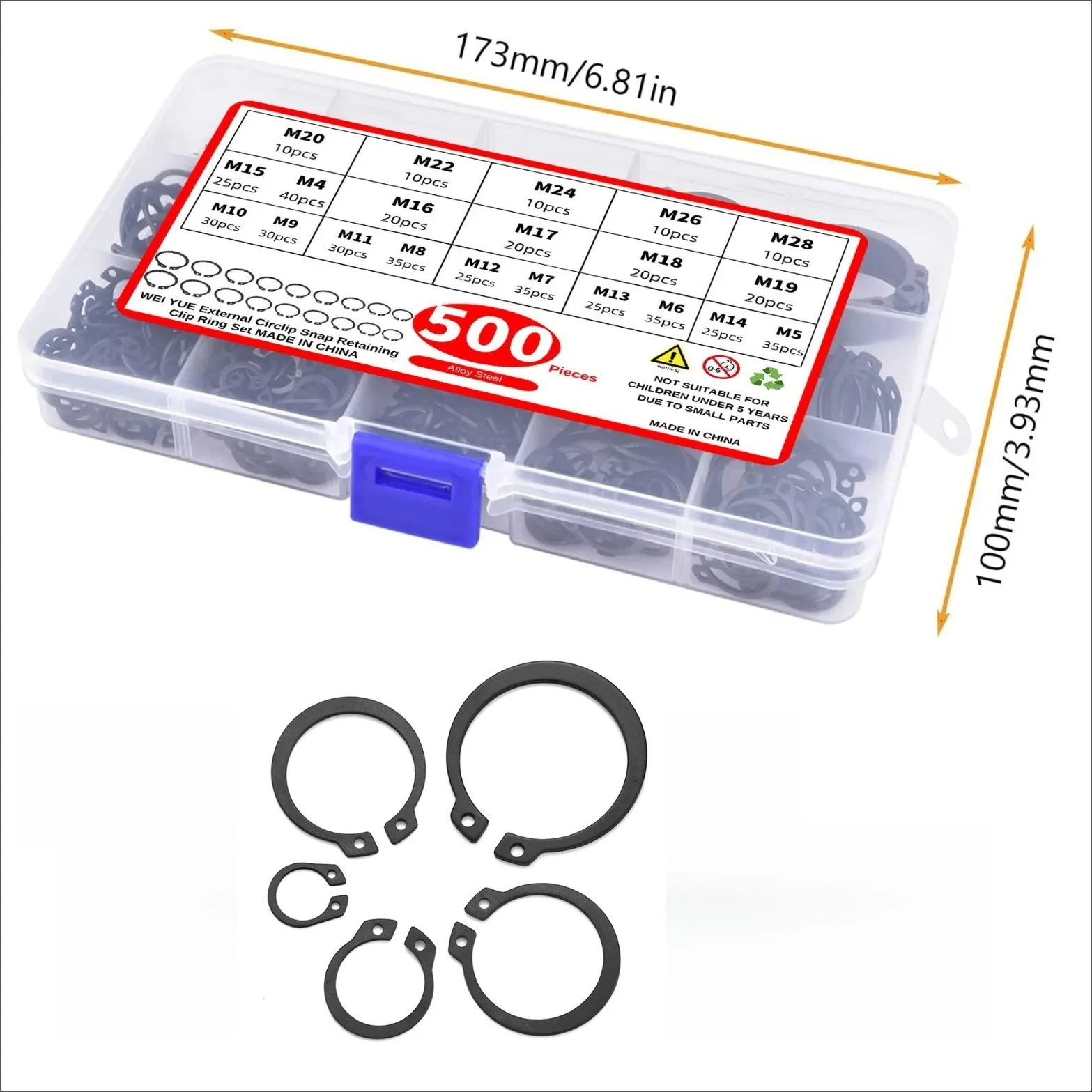 500pcs Internal Circlip Assortment Kit C Clip Washer set 65Mn Retaining Ring Snap Ring kit M4M5M6M8-M26M28 for metal shaft Hole