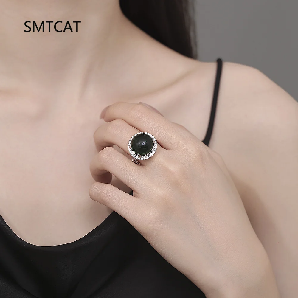 Round Green Simulated Nano Emerald 925 Sterling Silver Halo Adjustable Ring for Women Statement Gemstone Jewelry Anillo De Prata