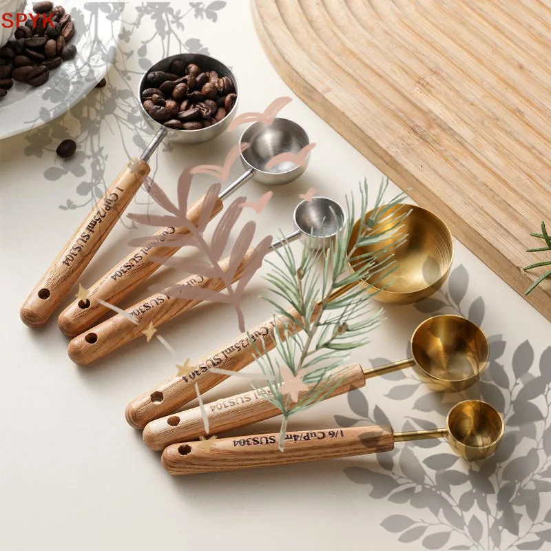 Wooden Handle Stainless Steel Measuring Cups Spoons Baking: Tools Coffee Bartending Scale Accessories