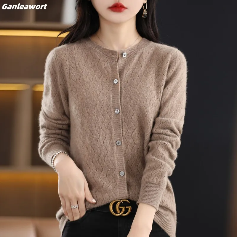 

Women's Sweater Cardigan High-Grade Spring Autumn Style Wool Sweater Round Neck Solid Color Hollow Loose Bottom Coat Long Sleeve