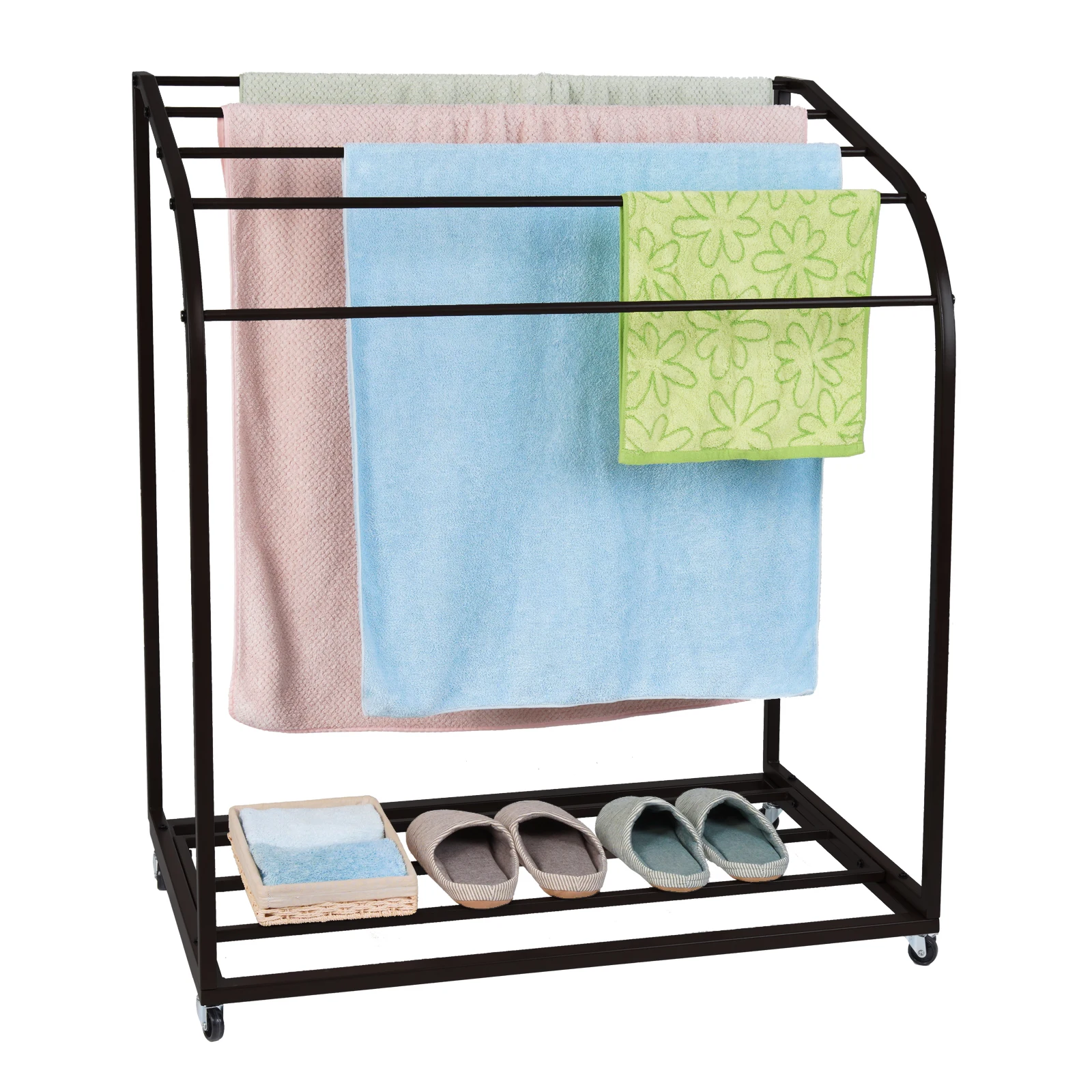 Versatile Trapezoidal Pool Towel Rack with 5 Bars,Lockable Swivel Wheels for Easy Mobility, Perfect for Indoor & Outdoor Use