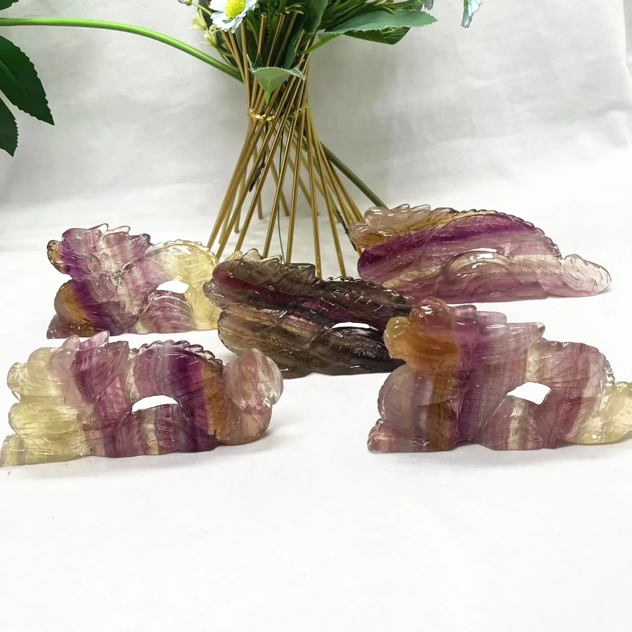 Оптовая продажа, оптовая продажа, резьба по кристаллам, Радуга, флюорит, дракон, ручная резьба по кристаллу, резьба по животным