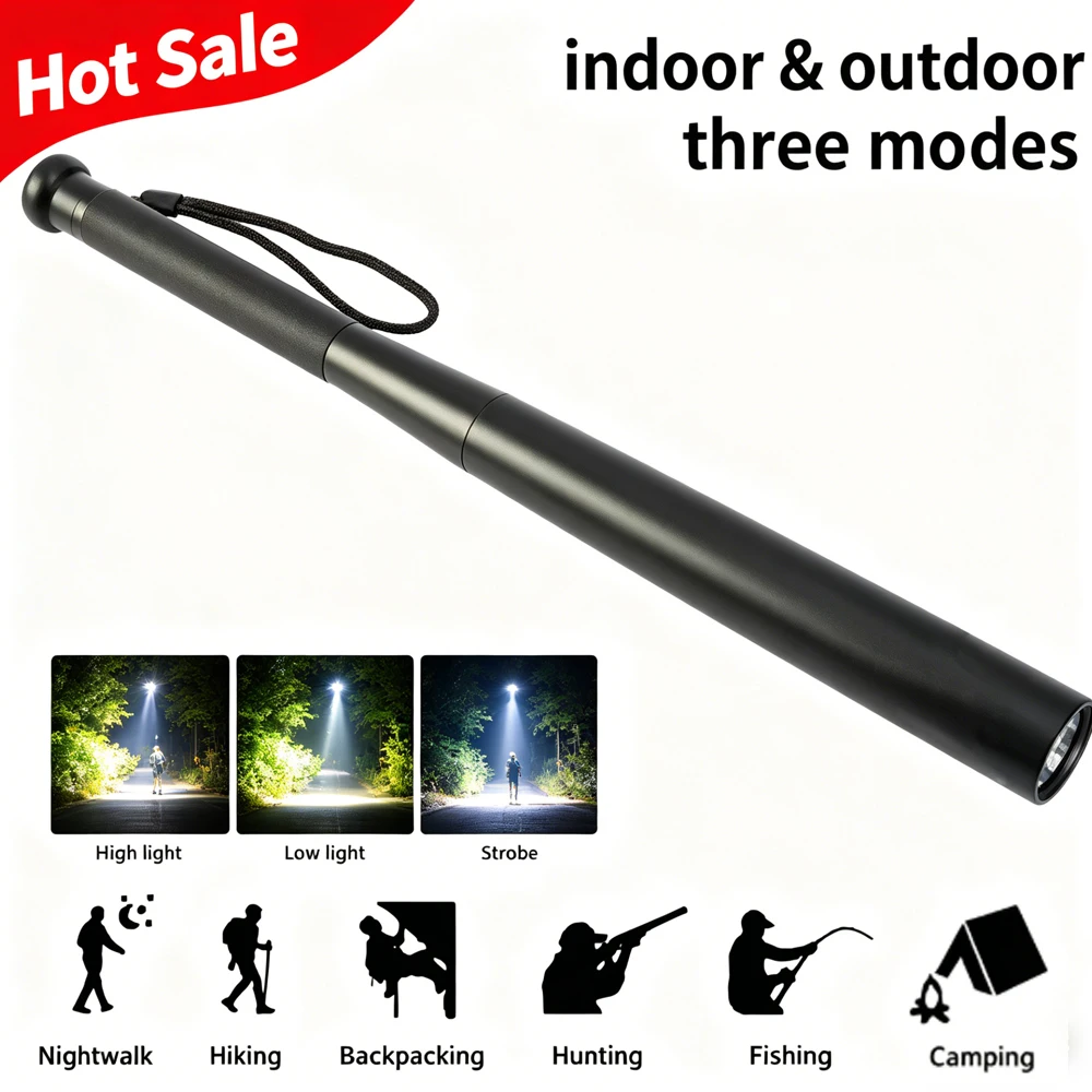Baseball Bat LED Flashlight Super Bright AluminiumAlloy Torch Waterproof 3 Modes Emergency Self-Defense Outdoor Camping Lighting