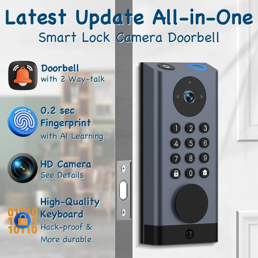 Smart Lock with Camera, Keyless Entry Door Lock Deadbolt with WiFi Video Doorbell, Fingerprint Electronic Keypad Code Door Lock