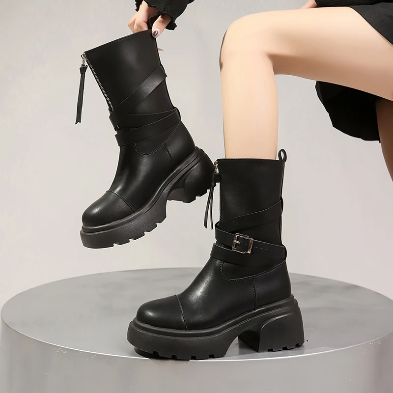 Botas de salto alto Lolita com zíper para mulheres, calçado redondo, designer de luxo, rock, couro, borracha, outono, inverno, 2024