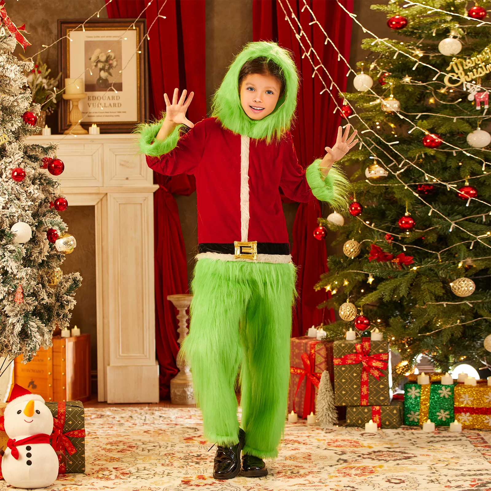 الأطفال عيد الميلاد تأثيري حلي الأخضر فروي الوحش مقنعين سانتا كلوز الملابس قمم السراويل الفراء الأخضر مجموعة