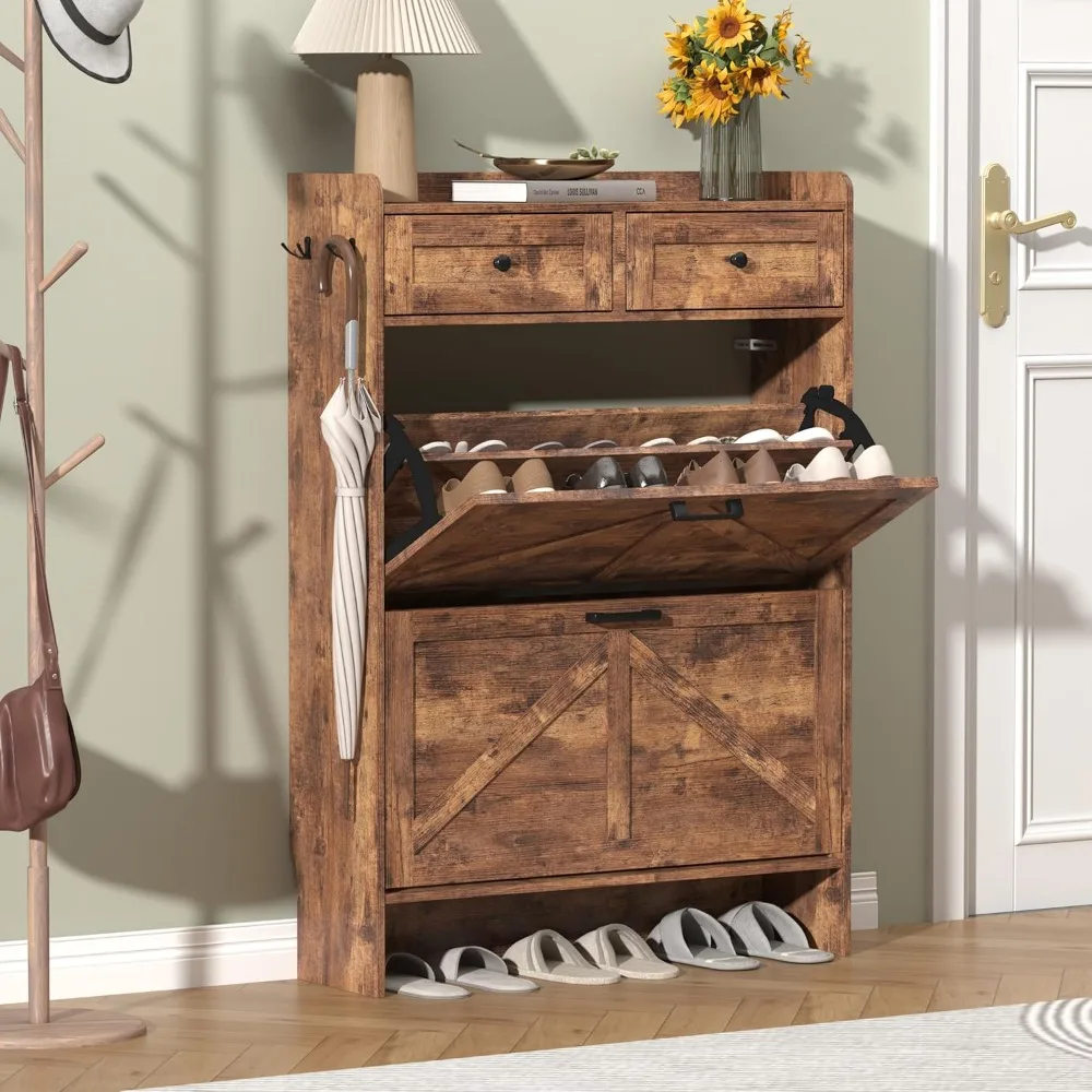 

shoe cabinet with 2 flip drawers & 2 storage drawers, farmhouse narrow organizer cabinet, slim rack cabinet, shoe stor
