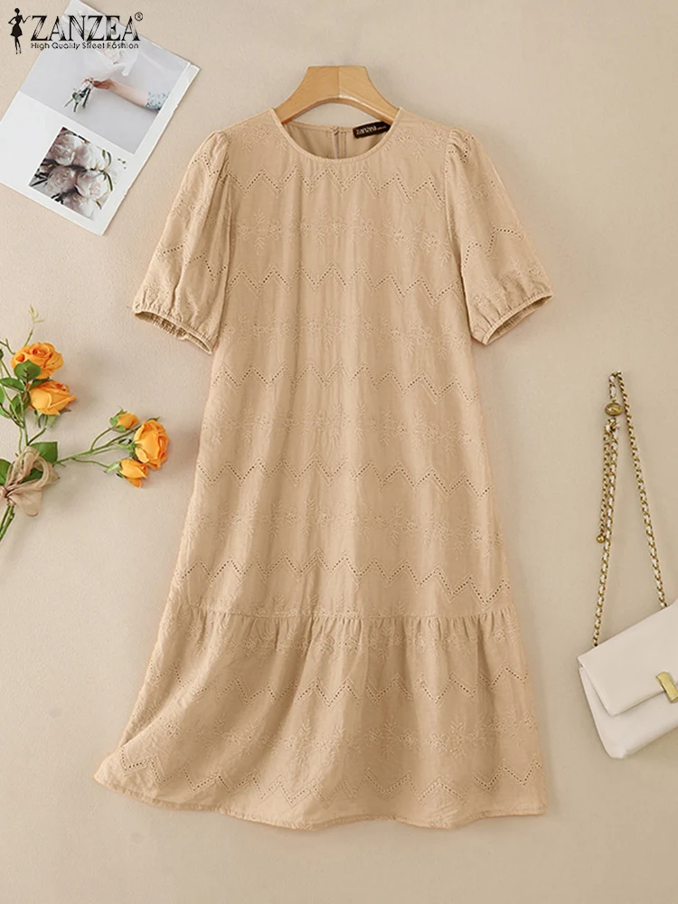 Elegant Lace Crochet Dress 2025 ZANZEA Summer Women Short Puff Sleeve Party Work Vestidos Casual Loose Holiday Midi Sundress