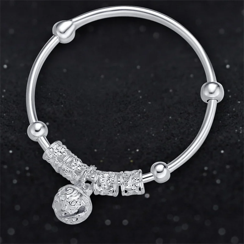 Elegant Ladies 999 Fine Silver Sliding Adjustable Bangle Smooth Polished Tube Four Hollow Floral Carved Beads Vintage Tinkling B