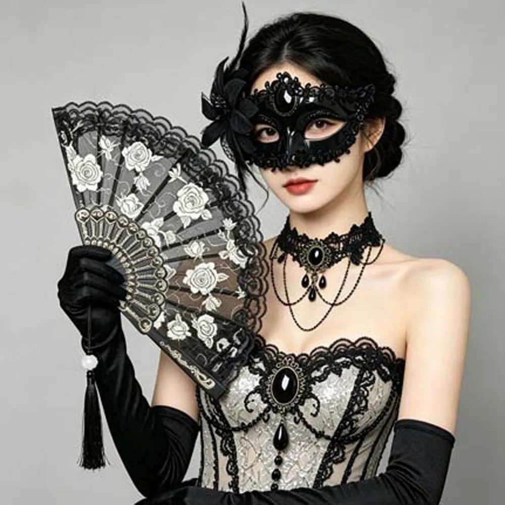 Half Face Cut Masquerade Eye Mask Side Flower Trim Rhinestone Embedded Mardi Gras Eyewear Soft Feather Accent Glossy Finished