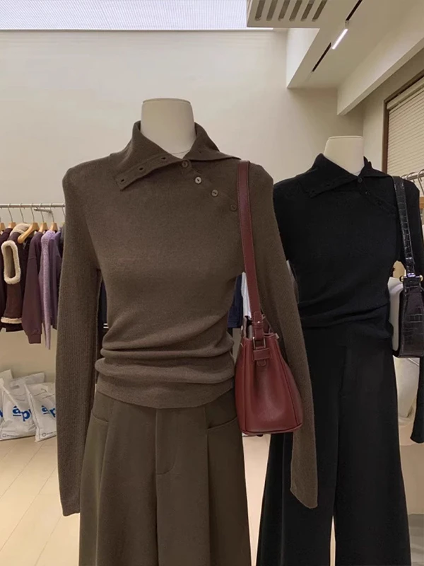 Gele onregelmatige ort kraag ontwerp gebreide top f hoge kraag lange Sve Base irt innerlijke slijtage voor dames vroege herfst